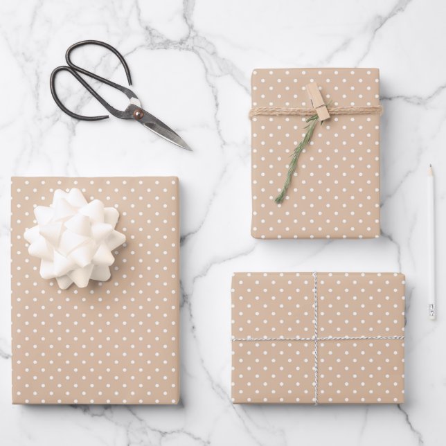 Cute beige tan and white polka dot pattern stylish wrapping paper sheet (Front)