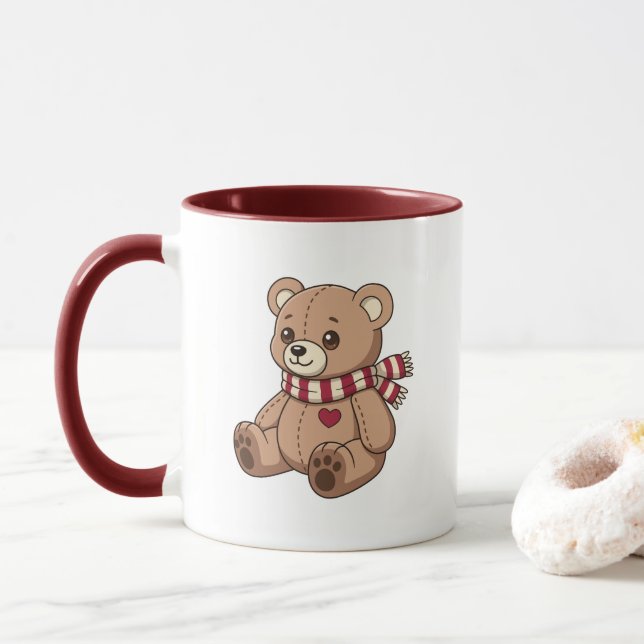 Cute Beige Teddy Bear with Striped Scarf Mug (With Donut)
