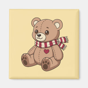 Cute Beige Teddy Bear with Striped Scarf Yellow Magnet
