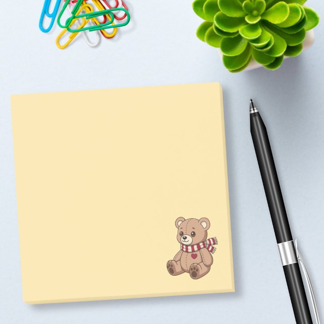 Cute Beige Teddy Bear with Striped Scarf Yellow Post-it Notes (Creator Uploaded)