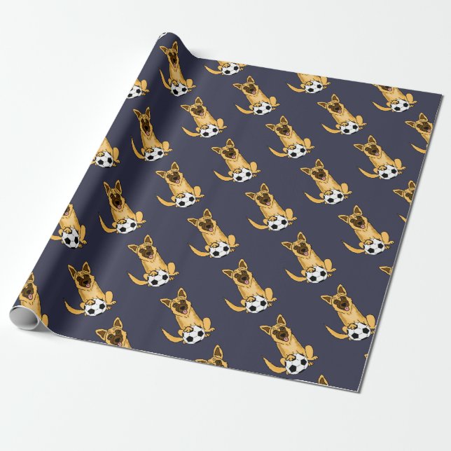 Cute Belgian Malinois Dog Playing Soccer Cartoon Wrapping Paper (Unrolled)
