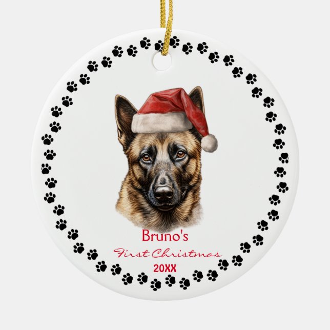 Cute Belgian Malinois Dog Santa Hat Paw Pencil Art Ceramic Ornament (Front)