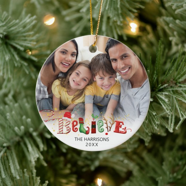 Cute BELIEVE Christmas Spirit Typography 2 Photo O Ceramic Ornament (Tree)