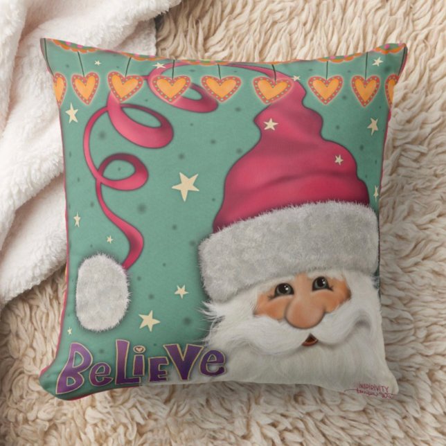 Cute Believe Santa Pink Inspirivity Throw Pillow (Creator Uploaded)