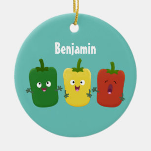 Cute bell pepper capsicum trio singing cartoon ceramic ornament