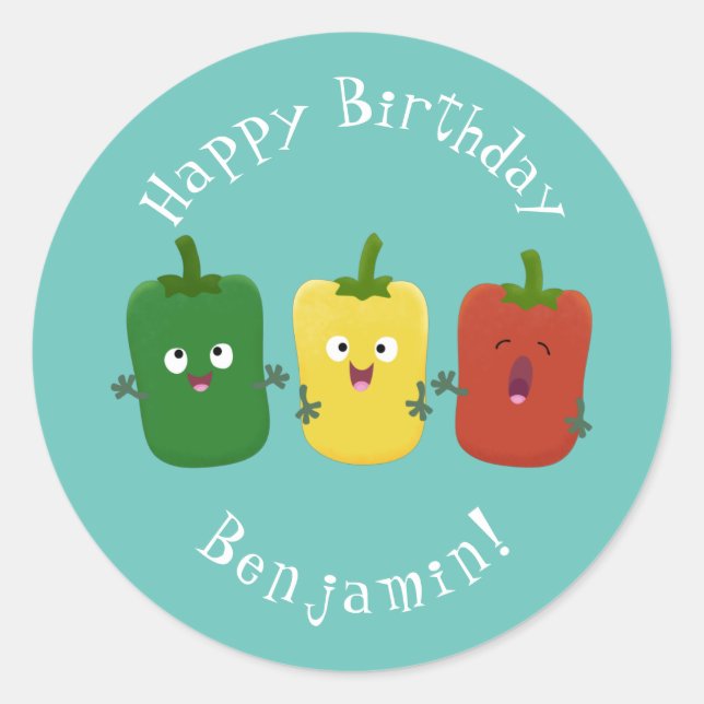 Cute bell pepper capsicum trio singing cartoon classic round sticker (Front)