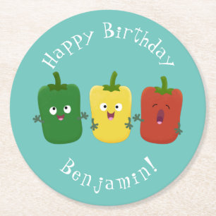 Cute bell pepper capsicum trio singing cartoon round paper coaster
