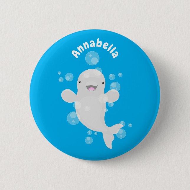 Cute beluga whale bubbles cartoon illustration 6 cm round badge (Front)