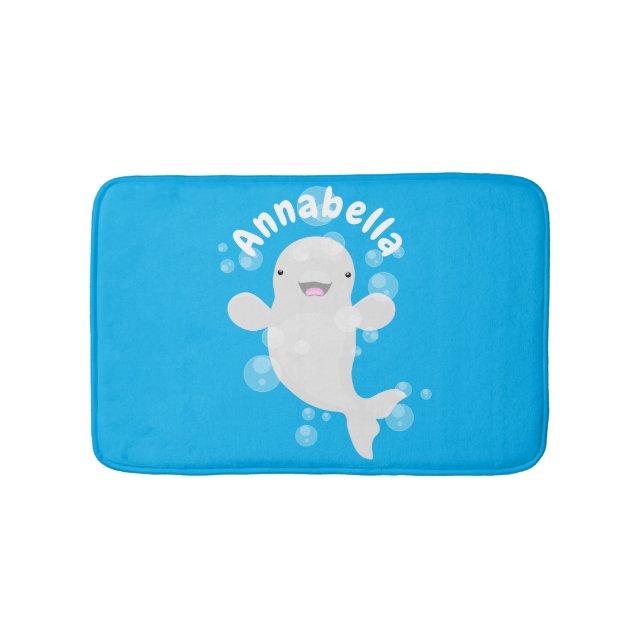 Cute beluga whale bubbles cartoon illustration bath mat (Front)