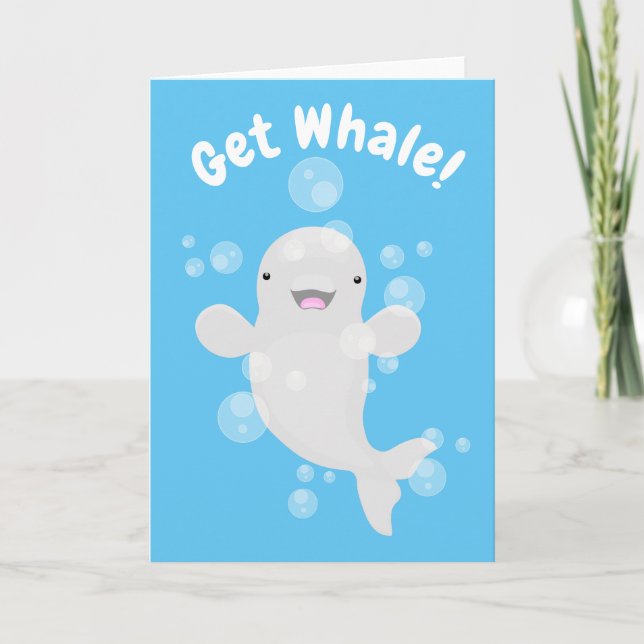Cute beluga whale bubbles cartoon illustration card (Front)