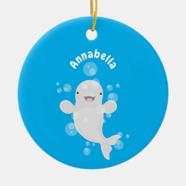 Cute beluga whale bubbles cartoon illustration ceramic ornament (Front)
