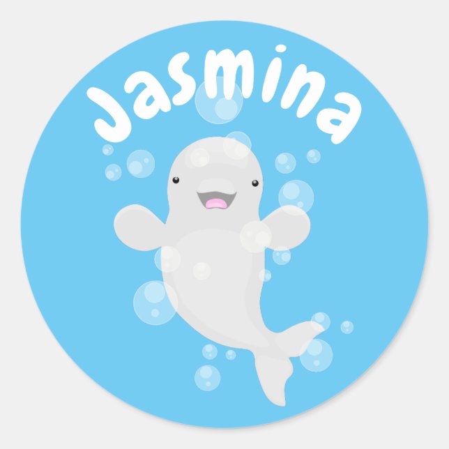 Cute beluga whale bubbles cartoon illustration classic round sticker (Front)