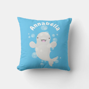 Cute beluga whale bubbles cartoon illustration cushion