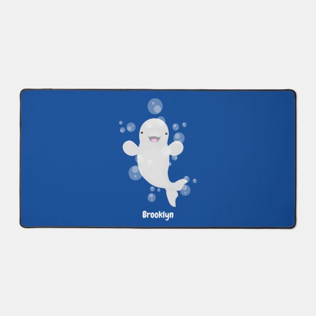 Cute beluga whale bubbles cartoon illustration desk mat (Front)