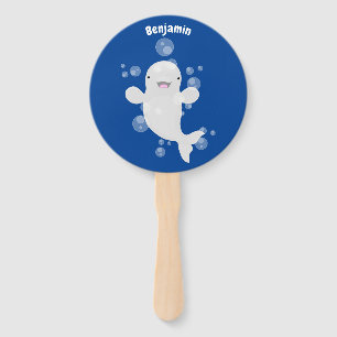 Cute beluga whale bubbles cartoon illustration hand fan