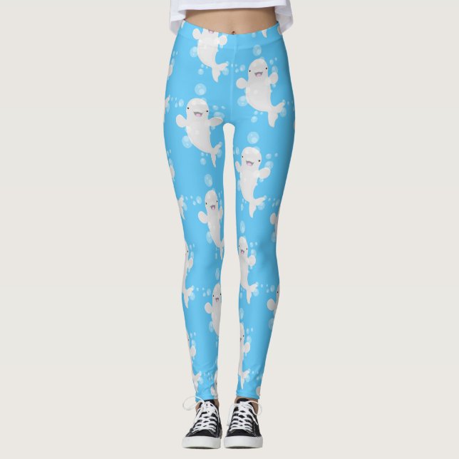 Cute beluga whale bubbles cartoon illustration leggings (Front)