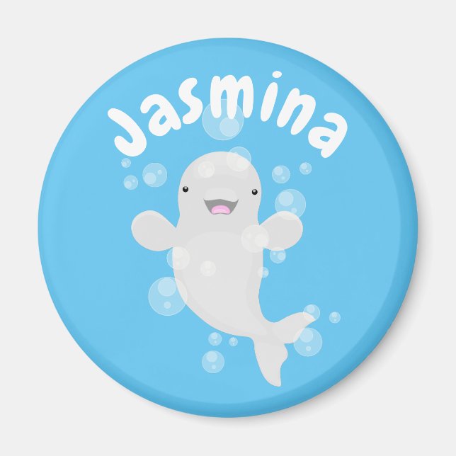 Cute beluga whale bubbles cartoon illustration magnet (Front)