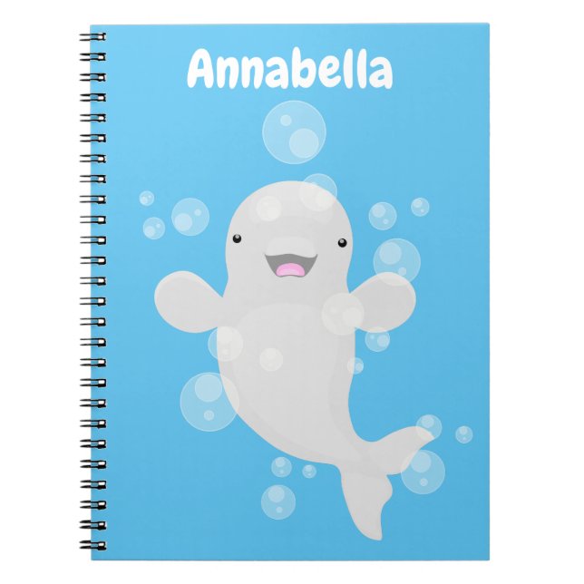 Cute beluga whale bubbles cartoon illustration notebook (Front)