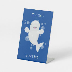 Cute beluga whale bubbles cartoon illustration pedestal sign