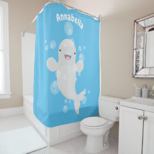 Cute beluga whale bubbles cartoon illustration shower curtain