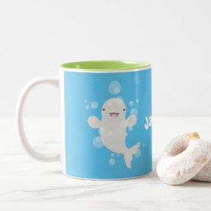Cute beluga whale bubbles cartoon illustration Two-Tone coffee mug