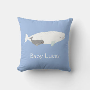 Cute Beluga Whale For Baby Boy, Custom Name Blue  Cushion