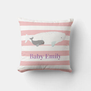 Cute Beluga Whale For Baby Girl, Name Pink Stripes Cushion