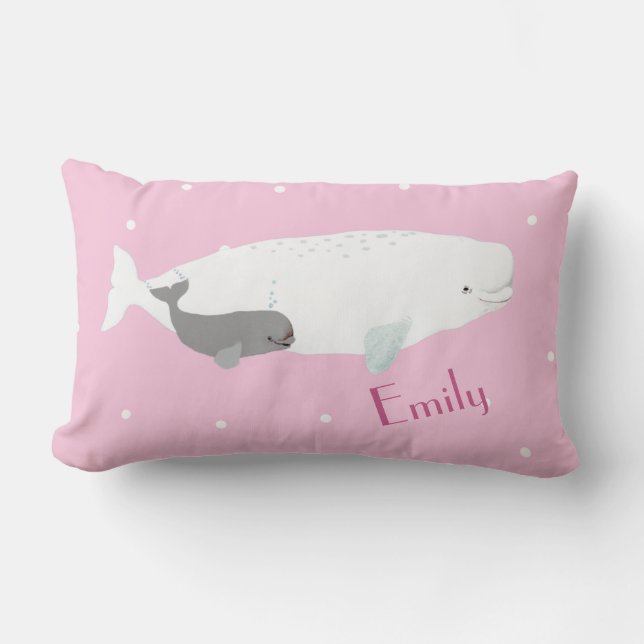 Cute Beluga Whale For Girls, Custom Name Pink  Lumbar Cushion (Front)