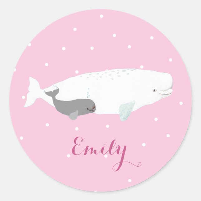 Cute Beluga Whale Girl Gift Custom Name Classic Round Sticker (Front)