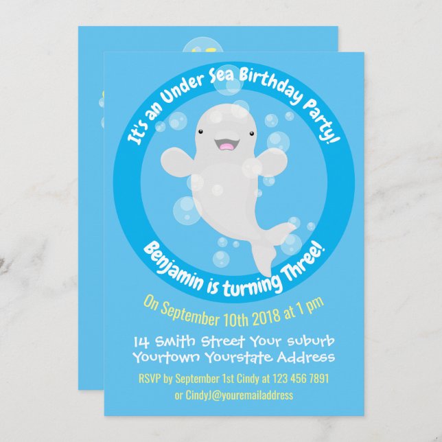 Cute beluga whale personalised cartoon birthday invitation (Front/Back)