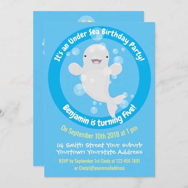 Cute beluga whale personalised cartoon birthday invitation (Front/Back)