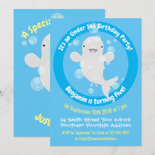 Cute beluga whale personalised cartoon birthday invitation
