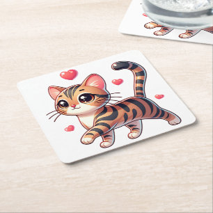 Cute Bengal Cat Lover Red Heart Kitten Kitty Mum  Square Paper Coaster