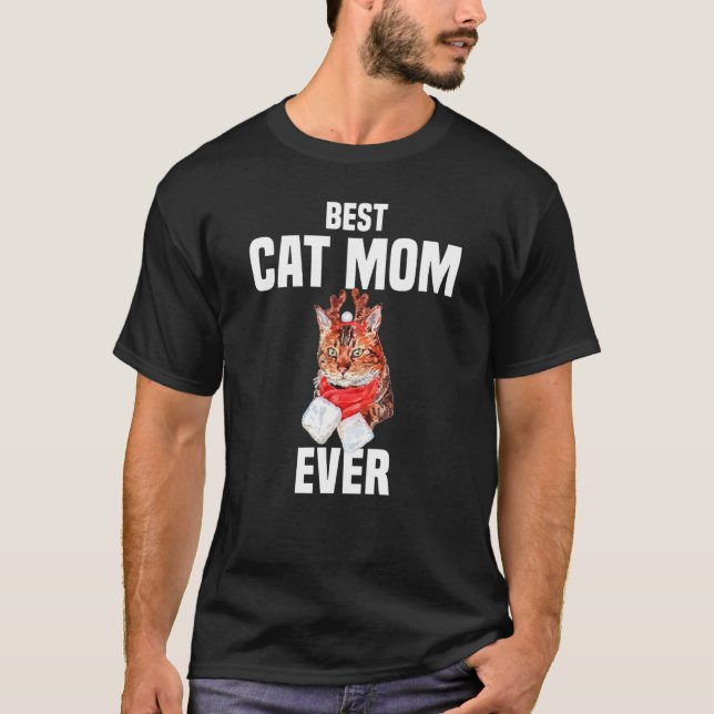 Cute Bengal Cat with Reindeer Costume Best Cat Mum T-Shirt (Front)