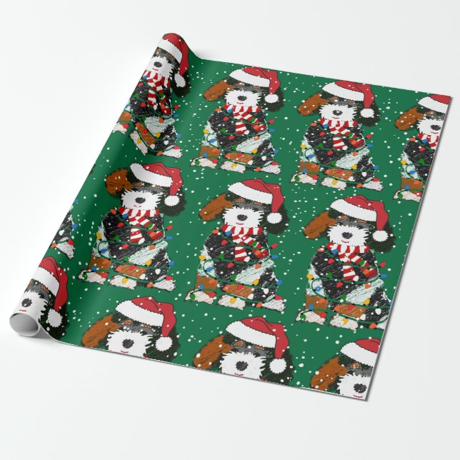 Cute Bernedoodle Dog Green Wrapping Paper (Unrolled)