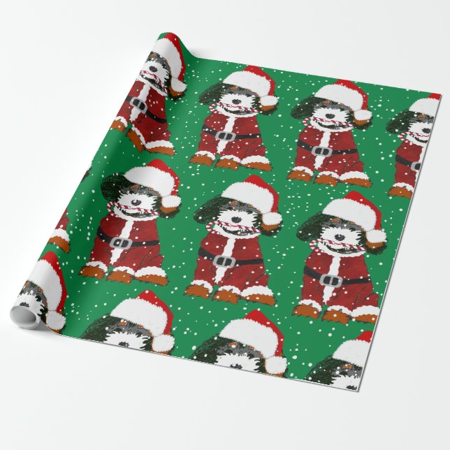 Cute Bernedoodle Dog Santa Paws  Wrapping Paper (Unrolled)