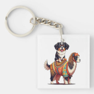 Cute Bernese Dog Riding on Llama Key Ring