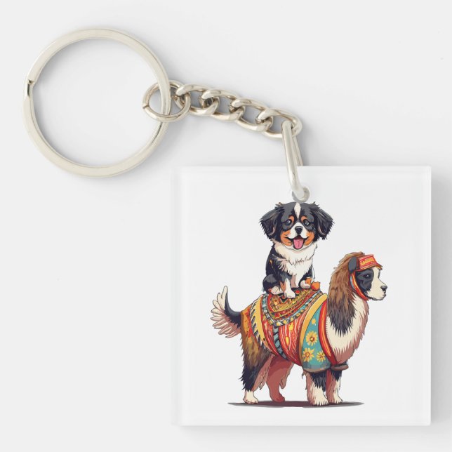 Cute Bernese Dog Riding on Llama Key Ring (Front)