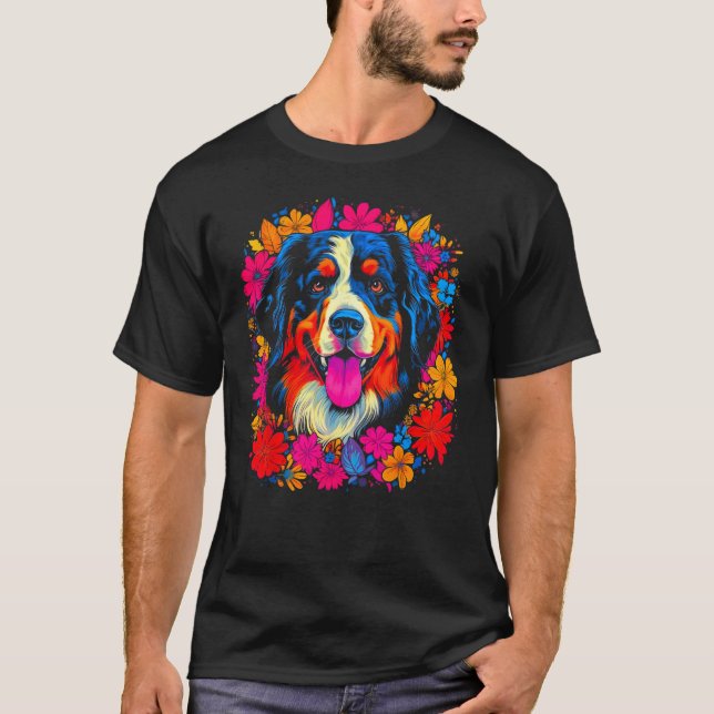 Cute Bernese Mountain Dog Flowers T-Shirt (Front)