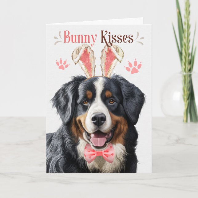 Cute Bernese Mountain Dog in Bunny Ears Easter Holiday Card (Front)