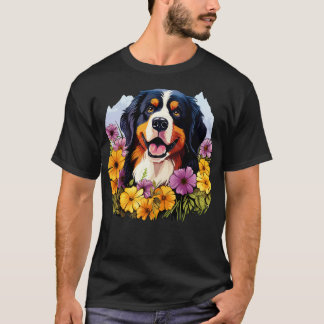 Cute Bernese Mountain Dog in Spring Flower Garden T-Shirt