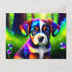 Cute bernese mountain dog puppy in the meadow  postcard