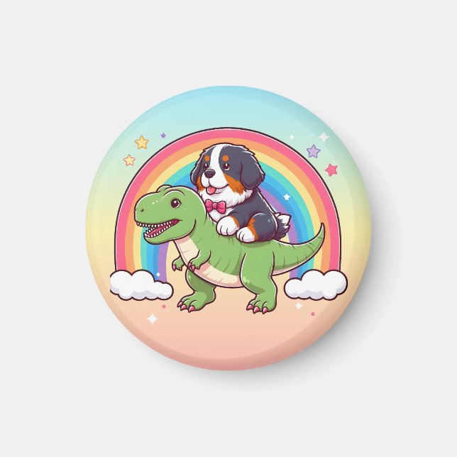 Cute Bernese Mountain Dog Riding T-Rex Dinosaur Magnet (Front)