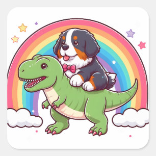 Cute Bernese Mountain Dog Riding T-Rex Dinosaur Square Sticker