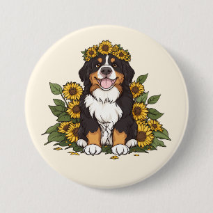 Cute Bernese Mountain Dog Wearing Sunflower Crown 7.5 Cm Round Badge