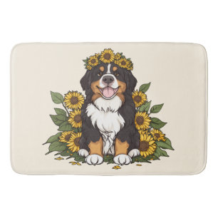 Cute Bernese Mountain Dog Wearing Sunflower Crown Bath Mat