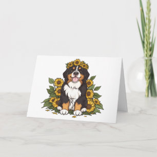 Cute Bernese Mountain Dog Wearing Sunflower Crown Card