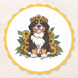 Cute Bernese Mountain Dog Wearing Sunflower Crown Paper Coaster