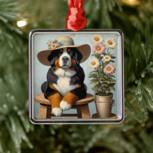 Cute Bernese Mountain Dog with Hat and Flowers Metal Ornament