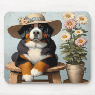 Cute Bernese Mountain Dog with Hat and Flowers Mouse Pad